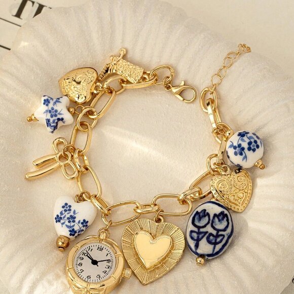 Multicolor Boho Women's Charm Bracelet With Faux Clock Heart Locket Bow